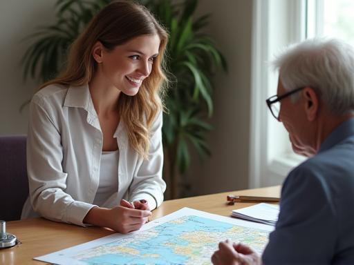A travel consultant discussing a map with a client.
